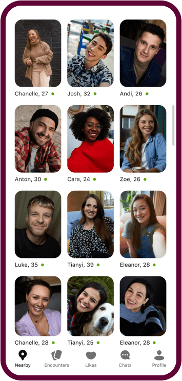 Badoo-appen med ett rutnät bestående av olika kvinnors profiler.